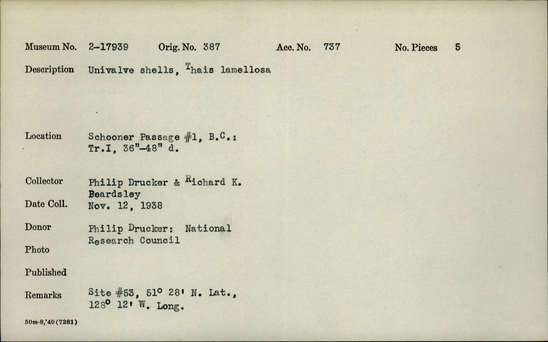 Documentation associated with Hearst Museum object titled Univalve shells, accession number 2-17939, described as Univalve shells, Thalis lamellosa