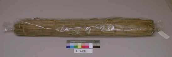 Hearst Museum object 1 of 2 titled Mat, accession number 1-12450, described as Small mat (akalaks); twined. Warp and weft are split Tule (Schoenoplectus acutus).