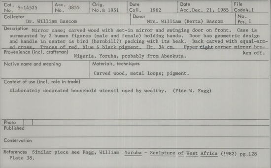 Documentation associated with Hearst Museum object titled Mirror case, accession number 5-14525, described as mirror case;  carved wood with set-in mirror and swinging door on front.  case is surmounted by 2 human figures (male and female) holding hands.  door has geometric design and handle in center is bird (hornbill?) pecking with its beak.  back carved with equal-armed cross.  traces of red, blue & black pigment.  Ht. 34 cm.  upper right corner mirror broken off.