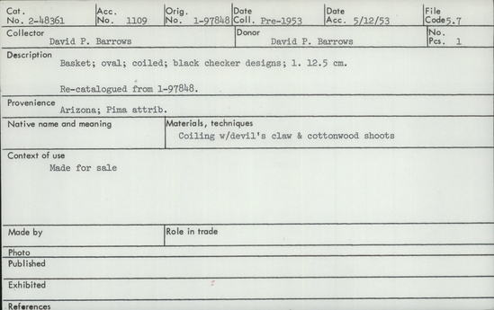 Documentation associated with Hearst Museum object titled Basket, accession number 2-48361, described as Coiled small oval basket. Black checker designs.