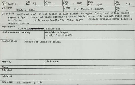 Documentation associated with Hearst Museum object titled Paddle, accession number 2-1914, described as Paddle of wood, floral design in blue pigment on upper blade, both sides, raised carved ridge in center of blade extends to tip of blade on one side but not other side.  Written on handle, "Ft. Yukon 1895."  Pattern probably forms totem or ownership marks.
