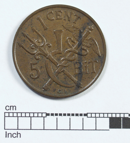 Hearst Museum object titled Coin: 1 cent, accession number 3-23403, described as Coin, copper Obverse: A trident, a sickle, and a scepter with two snakes wound around it. “1 Center, 5 Bit” Reverse: A crown over a design. “Dansk Vestindien, 1905 P.”  Denomination: 1 cent Weight: 4.05 g Content: AE Mint Date: 1905 Condition: Very fine References: Yeoman 6