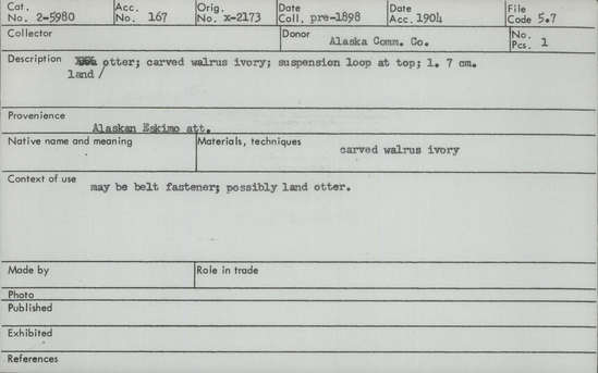 Documentation associated with Hearst Museum object titled Zoomorph, accession number 2-5980, described as Land otter (possibly) carved from walrus ivory.  Suspension loop at top.
