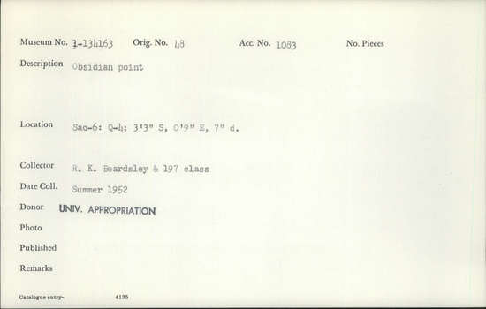 Documentation associated with Hearst Museum object titled Point, accession number 1-134163, described as Obsidian point.