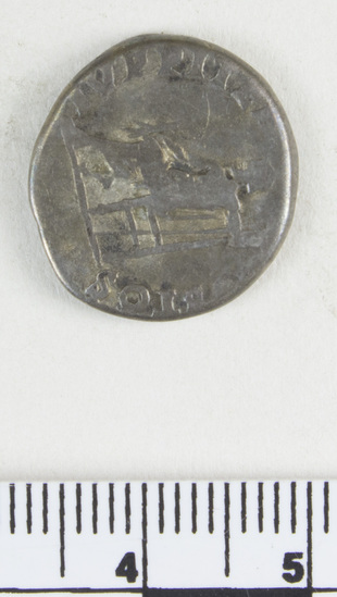 Hearst Museum object 6 of 8 titled Coin: ar denarius, accession number 8-7546, described as Coin; AR; Denarius; Roman. 3.18 grams, 18 mm. Nero, Rome, 64-68 AD. Obverse: NERO CAESAR AVGVSTVS, bust facing right, laureate. Reverse: IVPPITER CVSTOS, Jupiter seated l. CF American Numismatic Society coin 1956.127.1270 with inscription Obverse: NERO CAESAR AVGVSTVS, Reverse: IVPPITER CVSTOS