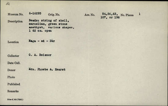 Documentation associated with Hearst Museum object titled Beads, accession number 6-16293, described as Beads: string of shell, carnelian, green stone amethyst, various shapes, l  62 cm. open.