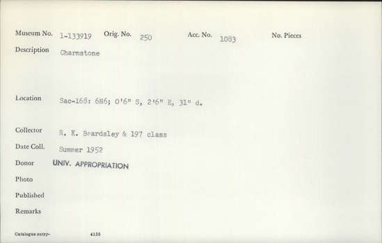Documentation associated with Hearst Museum object titled Charmstone, accession number 1-133919, described as Charmstone.