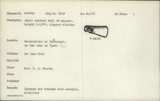 Documentation associated with Hearst Museum object titled Metal fragment, accession number 4-8043, no description available.