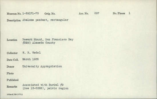 Documentation associated with Hearst Museum object titled Pendant, accession number 1-29172, described as Abalone; rectangular. Notice: Image restricted due to its potentially sensitive nature. Contact Museum to request access.