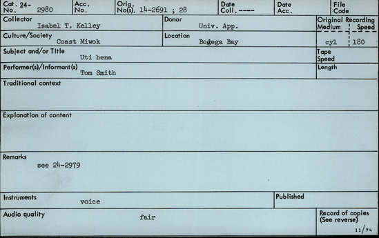 Documentation associated with Hearst Museum object titled Audio recording, accession number 24-2980, described as Uti hena