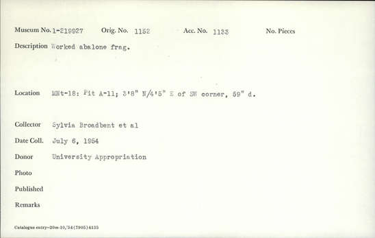 Documentation associated with Hearst Museum object titled Shell fragment, accession number 1-219927, described as Worked.