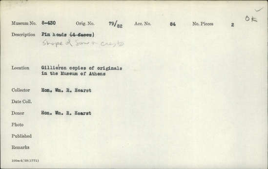 Documentation associated with Hearst Museum object titled Pin heads (reproduction), accession number 8-430a,b, described as Pin heads, four faces. Shape of fans or crests. Reproduction by Emile Gilliéron.