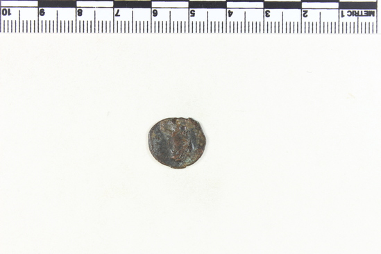 Hearst Museum object 5 of 6 titled Coin: æ 4, accession number 8-8485, described as Coin, AES Follis 4.     1.08 grams. 15mm. Obverse: Constantinus II right, diademed CONSTANTINUS AVG Reverse: Standard between 2 soldiers, GLORIA EXERCITUS Mint Data: Constantinus II Italia Rome