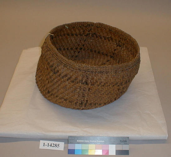 Hearst Museum object titled Basket, accession number 1-14285, described as Large, flat bottomed basket of tule, twilled weave.