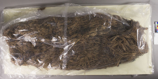 Hearst Museum object titled Bag, accession number 2-33065, described as Twined, sage brush bark. With side opening. 17 loops around edge for tying.