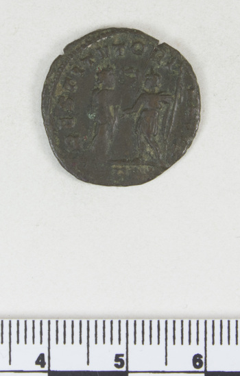 Hearst Museum object 8 of 8 titled Coin: billon antoninianus, accession number 8-4075, described as Coin; Billon; Antoninianus; Roman. 2.81 grams, 22 mm. Aurelian, 270-275 AD. Mediolanum, Italy. Obverse: IMP C AVRELIANVS AVG, Bust r. radiate. Reverse: RESTITVT ORIENTIS, female standing r. presents wreath to emperor in armor, in exergue P