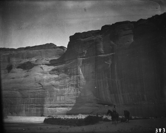 Hearst Museum object titled Black-and-white negative, accession number 15-383, described as Ruins above patch of land; horses