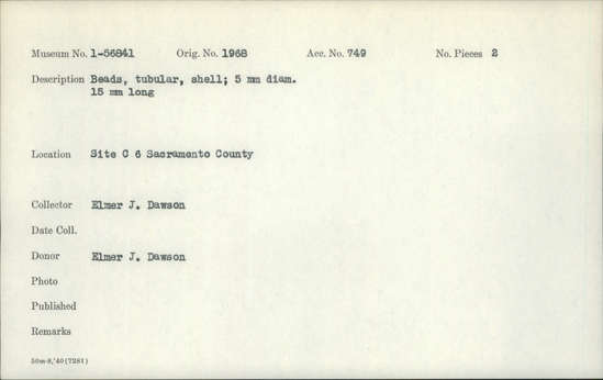 Documentation associated with Hearst Museum object titled Beads, accession number 1-56841, described as Beads, tubular, shell