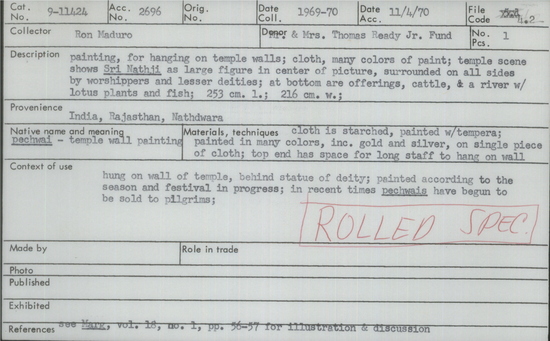 Documentation associated with Hearst Museum object titled Painting, accession number 9-11424, described as painting, for hanging on temple walls; cloth, many colors of paint; temple scene shows 'Sri Nathji' as large figure in center of picture, surrounded on all sides by worshippers and lesser deities; at bottom are offerings, cattle, & a river w/ lotus plants and fish; 253 cm. l.; 216 cm. w.