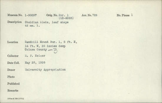 Documentation associated with Hearst Museum object titled Blade, accession number 1-50097, described as Obsidian blade, leaf shaped. Notice: Image restricted due to its potentially sensitive nature. Contact Museum to request access.
