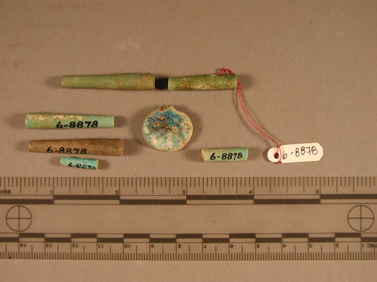 Hearst Museum object titled Beads, accession number 6-8878, described as Faience beads; cylinder beads and unpierced faience disc, four of which appear to be imitation kohl-sticks