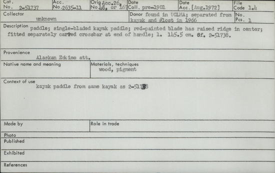 Documentation associated with Hearst Museum object titled Paddle, accession number 2-51737, described as Single-bladed kayak paddle; red painted blade has raised ridge in center; fitted separately carved crossbar at end of handle.