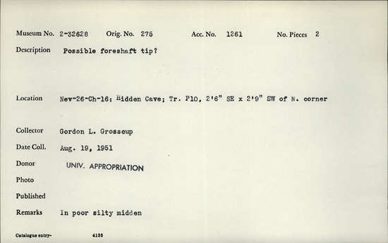Documentation associated with Hearst Museum object titled Wood projectiles, broken, accession number 2-32628, described as Possible foreshaft tip ?