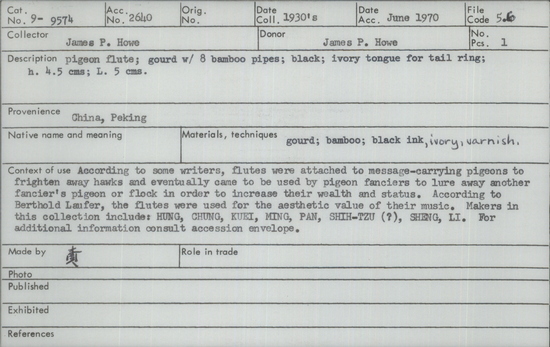 Documentation associated with Hearst Museum object titled Pigeon flute, accession number 9-9574, described as Pigeon flute;gourd w/8 bamboo pipes; black,ivory tongue for tail ring; ht. 4.5 cm.; L. 5 cm.