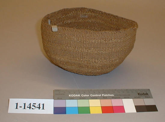 Hearst Museum object titled Basket, accession number 1-14541, described as Twined tule, brown with five white horizontal bands.