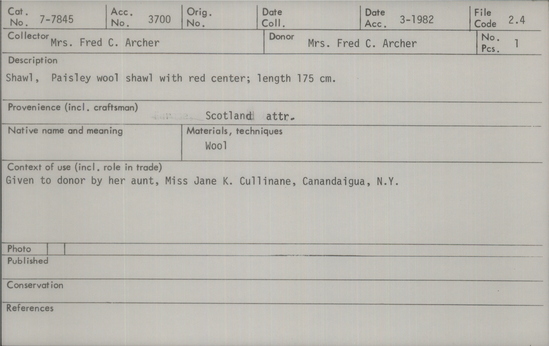 Documentation associated with Hearst Museum object titled Shawl, accession number 7-7845, described as Shawl, paisley wool shawl with red center; length 175cm.