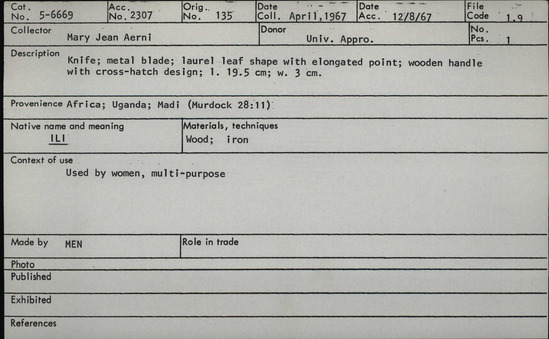 Documentation associated with Hearst Museum object titled Knife, accession number 5-6669, described as Knife; metal blade; laurel leaf shape with elongated point; wooden handle with cross-hatch design; l. 19.5 cm; w. 3 cm.