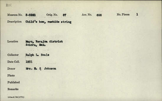 Documentation associated with Hearst Museum object titled Musical bow, accession number 3-3281, described as Child’s bow, rawhide string