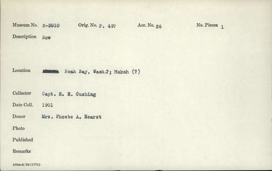 Documentation associated with Hearst Museum object titled Bow, accession number 2-3010, described as Bow