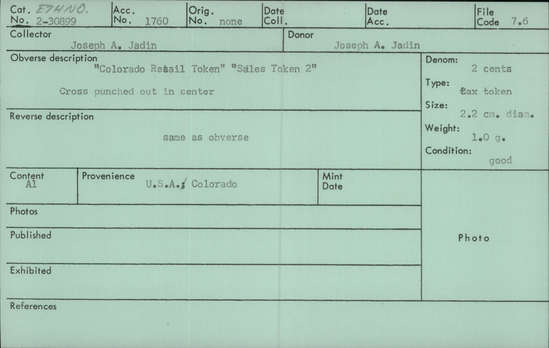 Documentation associated with Hearst Museum object titled Token: 2 cent, accession number 2-30899, described as Aluminum tax token.  On Obverse “Colorado Retail Token” “sales Token 2”.  Cross punched out in center.  Reverse is same as obverse.