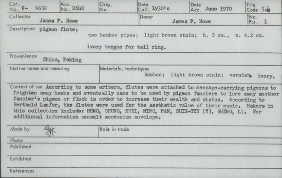 Documentation associated with Hearst Museum object titled Pigeon flute, accession number 9-9658, described as pigeon flute; 2 bamboo pipes; light brown stain; ht. 5 cm, w. 4.2 cmivory tongue for tail ring