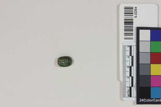 Hearst Museum object 6 of 12 titled Scarab with inscription, accession number 6-22204, described as scarab, with Thoth and Uraeus inscription; length 16  mm