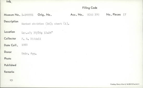 Documentation associated with Hearst Museum object titled Lithic, accession number 1-148551, described as Worked obsidian (16); chert (1).