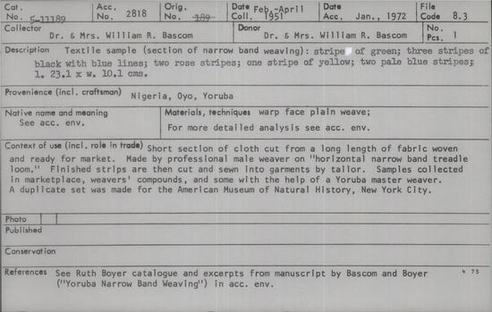 Documentation associated with Hearst Museum object titled Textile sample, accession number 5-11189, described as textile sample (section of narrow band weaving):  stripe of green; three stripes of black with blue lines;  two rose stripes;  one stripe of yellow;  two pale blue stripes;  l. 23.1 x w. 10.1 cms.