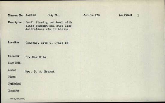 Documentation associated with Hearst Museum object titled Bowl, accession number 4-6698, no description available.