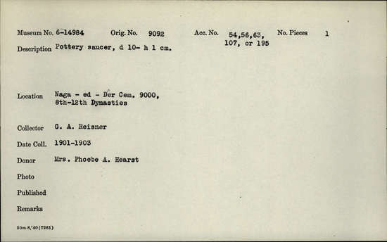 Documentation associated with Hearst Museum object titled Saucer, accession number 6-14984, described as Saucer