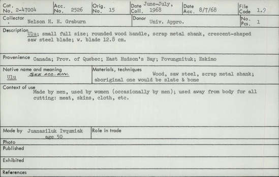 Documentation associated with Hearst Museum object titled Ulu, accession number 2-47004, described as Small full size; rounded wood handle, scrap metal shank, crescent-shaped saw steel blade.