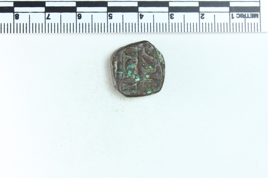 Hearst Museum object titled Coin: æ, accession number 9-12087, described as Issued by the Mahratta federation. No more information available. Marks on both obverse and reverse are meaningless squiggles. Paisa Mahratta. Diameter 2 cm, width .5 cm, weight 9.28 grams.