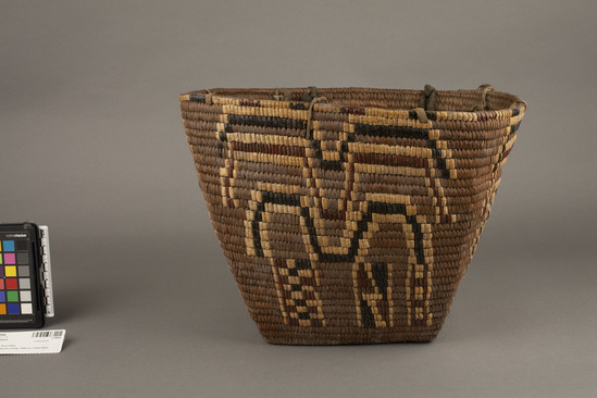 Hearst Museum object 3 of 3 titled Cooking basket, accession number 2-10866, described as Brown, square shaped, imbricated black, white, and reddish design.