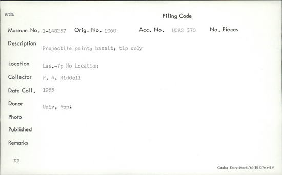 Documentation associated with Hearst Museum object titled Projectile point fragment, accession number 1-148257, described as Basalt, tip only.