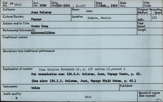 Documentation associated with Hearst Museum object titled Audio recording, accession number 24-2452, described as Ocean Song Notebook 14, p.167 Series 13, Record 3