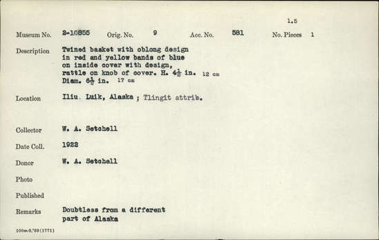 Documentation associated with Hearst Museum object titled Basket and lid, accession number 2-10855, described as Twined, with oblong design in red and yellow bands of blue on inside cover with design, rattle on knob of cover.