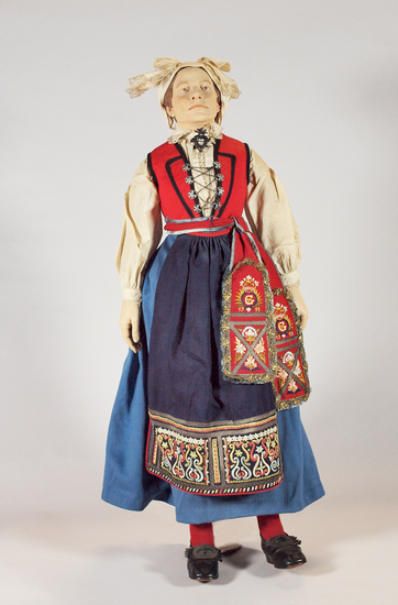 Hearst Museum object titled Doll with costume, accession number 7-413a,b, described as Female doll showing peasant’s costume of Värend, Småland, Sweden Notice: Image restricted due to its potentially sensitive nature. Contact Museum to request access.