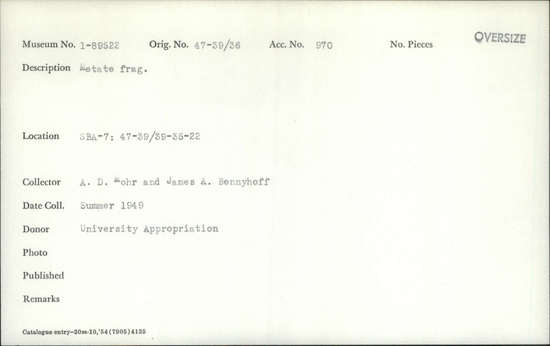 Documentation associated with Hearst Museum object titled Metate fragment, accession number 1-89522, described as Metate fragment