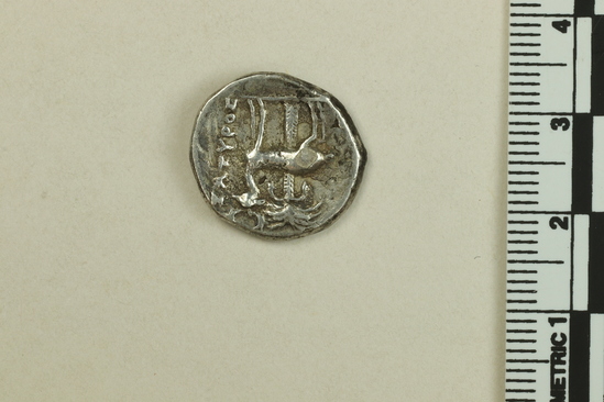 Hearst Museum object titled Coin: ar drachm, accession number 8-9374, described as Ephesos, AR drachm. Obverse: Bee. Reverse: ΕΦ; ΣATYΡOΣ. Stag and palm.