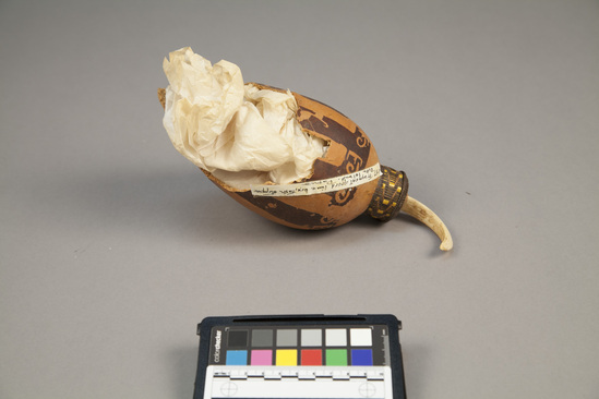 Hearst Museum object 1 of 2 titled Lime gourd, lime covering, tusk handle, accession number 11-42707a,b, described as Lime gourd and stopper; gourd decorated with brown vertical bands and scroll pattern; stopper of fiber with woven fiber covering, tusk handle, yellow and brown. Gourd broken. length - 19.0 cm., diam. - 31.0 cm. Gourd, fiber, tusk. Storage of lime for betel.